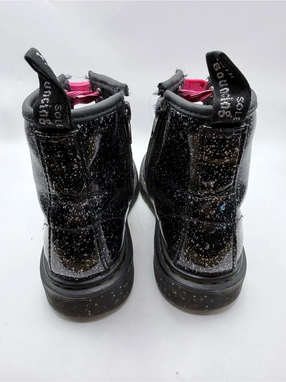 Dr. Martens 1460J black glitter combat boot w/pink laces, 13 US Kids